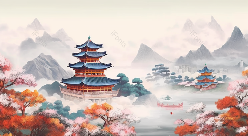 中国风武汉黄鹤楼地标建筑背景山水画,插画/手绘图,插画/手绘图库,插画/手绘图下载,插画/手绘
